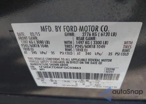 2015 Ford Explorer Xlt from USA, damaged, VIN 1FM5K7D80FGC03863